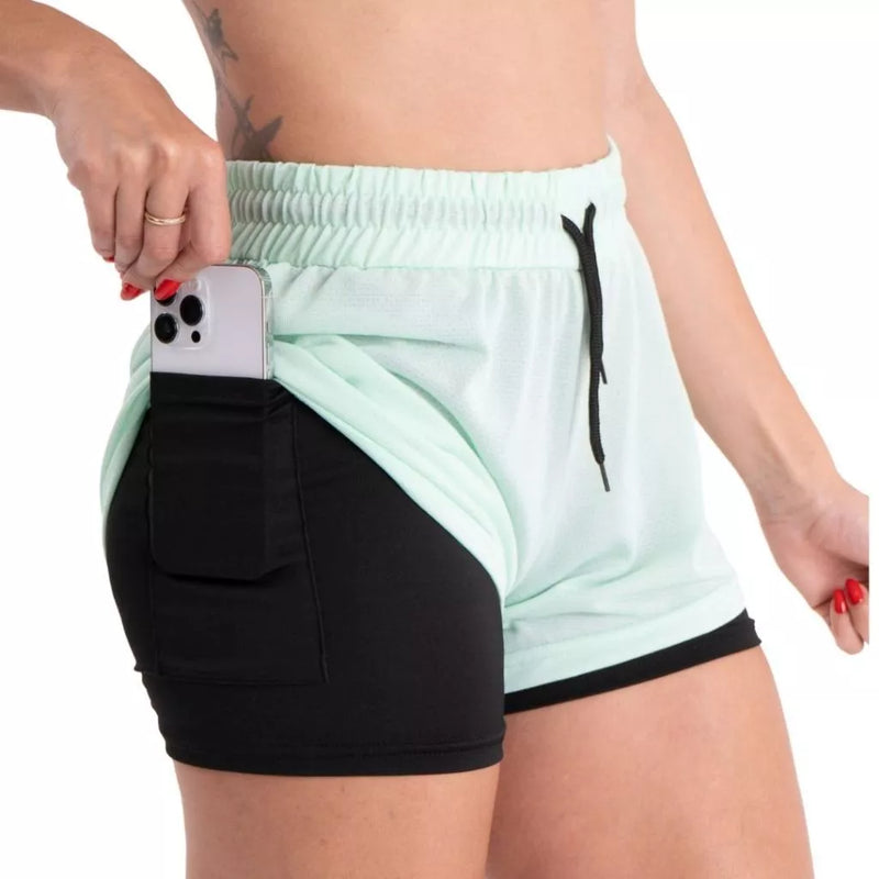 Shorts Feminino Academia Bermuda Dupla pra Corrida e Exercícios com Bolso Interno Cadarço e Legging
