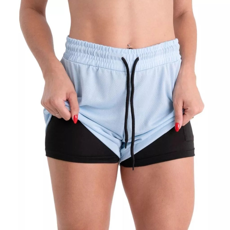 Shorts Feminino Academia Bermuda Dupla pra Corrida e Exercícios com Bolso Interno Cadarço e Legging