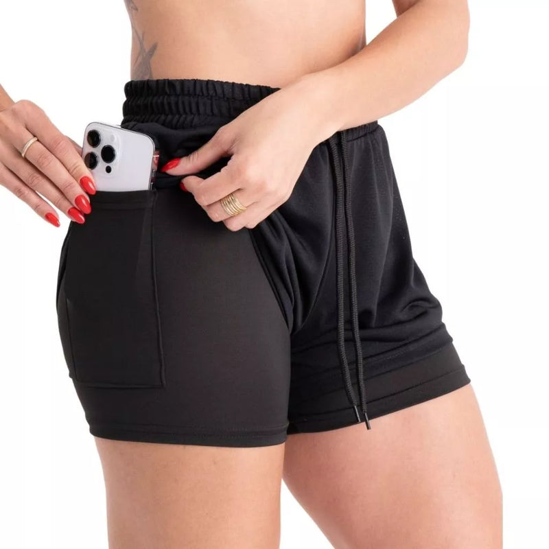 Shorts Feminino Academia Bermuda Dupla pra Corrida e Exercícios com Bolso Interno Cadarço e Legging