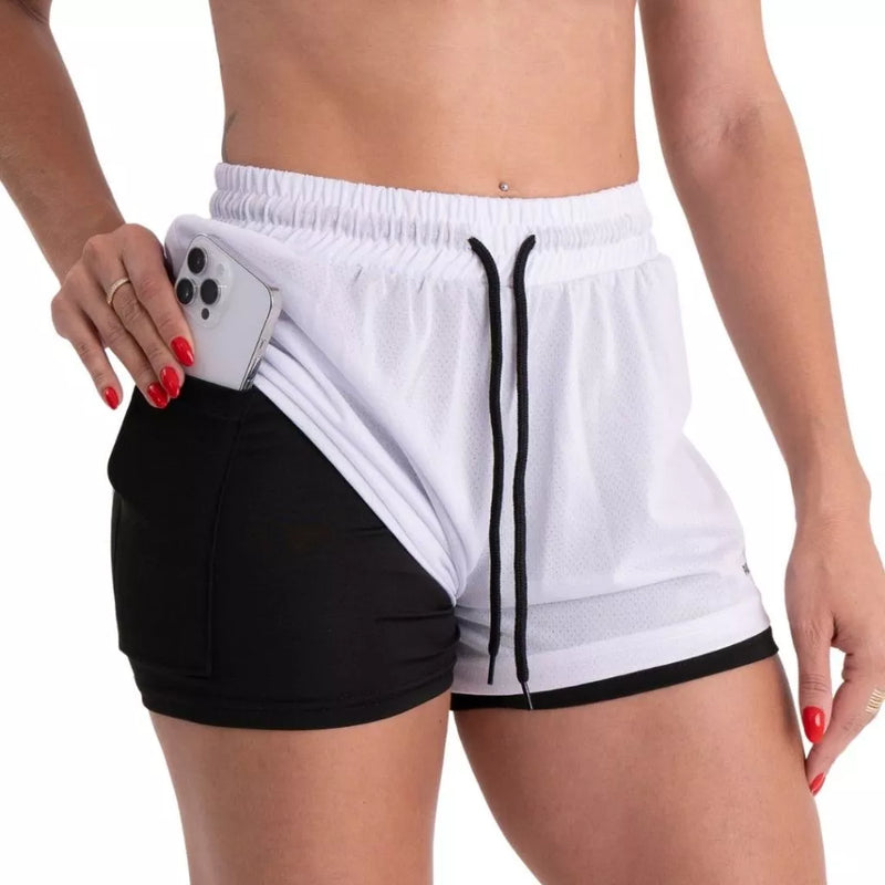 Shorts Feminino Academia Bermuda Dupla pra Corrida e Exercícios com Bolso Interno Cadarço e Legging