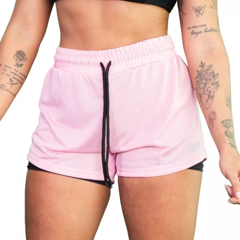 Shorts Feminino Academia Bermuda Dupla pra Corrida e Exercícios com Bolso Interno Cadarço e Legging