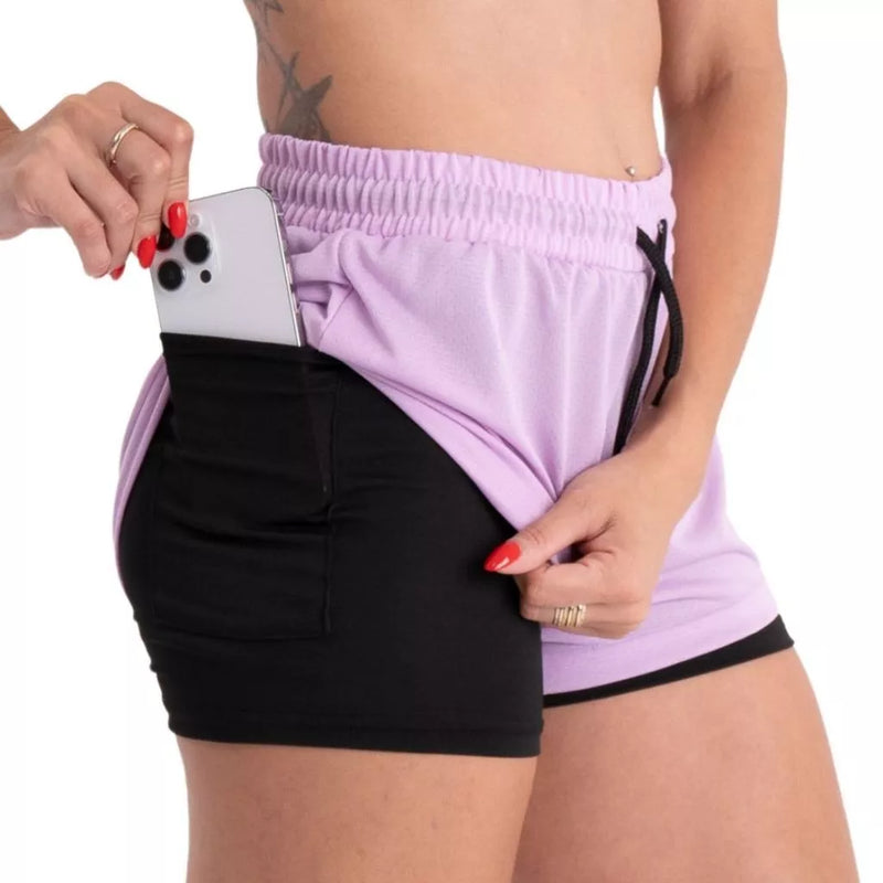 Shorts Feminino Academia Bermuda Dupla pra Corrida e Exercícios com Bolso Interno Cadarço e Legging
